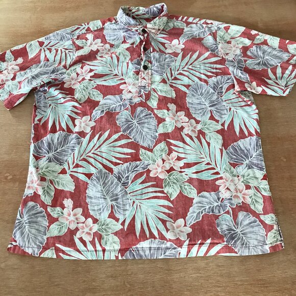 Bishop Street Hawaiian Shirt Men XL Red Flower 1/4 Button Up Pocket Pullover - Picture 1 of 11